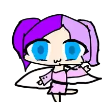 a cartoon drawing of a girl with blue eyes and purple hair