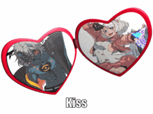 two red hearts with a picture of a girl and the word kiss below them