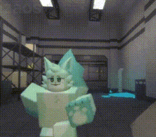 a cartoon character is standing in a room with a blue glowing paw .