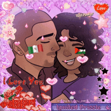 a cartoon of a man kissing a woman with hearts and the words love you