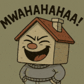 a cartoon drawing of a house with a laughing face and the words mwahahaa above it