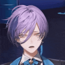 a boy with purple hair and a blue bow tie