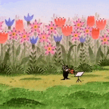 a cartoon drawing of a bug playing a violin in front of a field of flowers