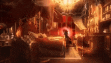 a painting of a room with a chandelier and a couch