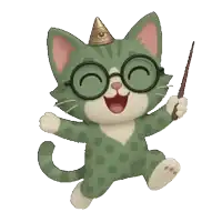 a green and white cat with glasses and a wand