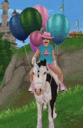 a girl riding a black and white horse with balloons in the background