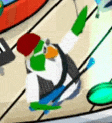 a penguin wearing a red hat and green gloves is holding a skateboard .