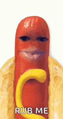 a hot dog with a face made out of mustard and says rub me