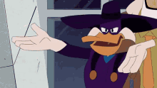 a cartoon character wearing a purple hat and a purple shirt