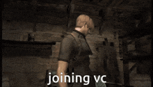 a video game character is holding a shield and the words joining vc are on the screen