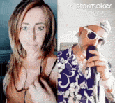 a man is singing into a microphone next to a woman who is taking off her bra