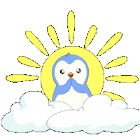 a penguin is sitting on a cloud with the sun behind it