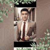 a man in a suit and tie is standing in front of a building