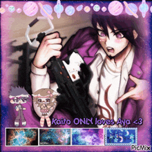 a picture of a man holding a gun with the words " kaito only loves aya < 3 "
