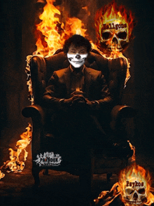 a man in a suit sits in a chair surrounded by flames and a skull that says " psychos "