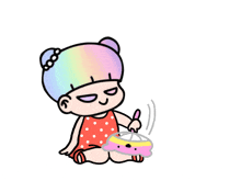 a cartoon of a girl holding a fan with a teddy bear face on it