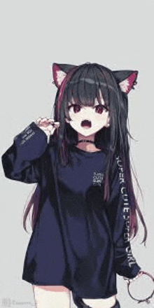 a girl with cat ears and a choker is wearing a black shirt .