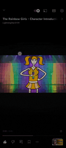 a cartoon of a girl holding a microphone with the words " the rainbow girls - character introduction " above her
