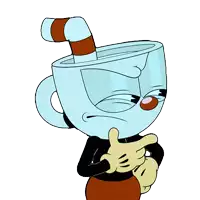 a cartoon character with a cup on his head and a striped straw