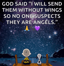 a cartoon of charlie brown and snoopy sitting on a dock under a starry night sky