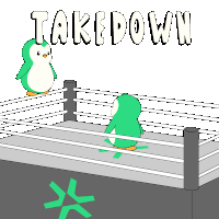 two penguins in a boxing ring with the word takedown written above them