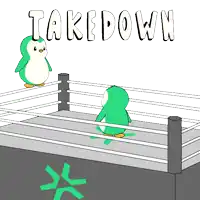 two penguins in a boxing ring with the word takedown written above them
