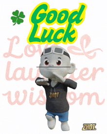 a cartoon character is standing in front of a sign that says good luck love laughter wisdom