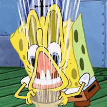 a cartoon of spongebob holding a cup with water coming out of it 's mouth