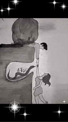 a black and white drawing of a woman helping a man carry a large rock up a cliff .