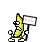 a pixel art illustration of a banana holding a sign