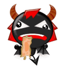 a cartoon of a devil with horns and wings eating something .
