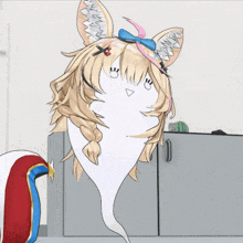 a cartoon drawing of a ghost with blonde hair and a pink bow on her head
