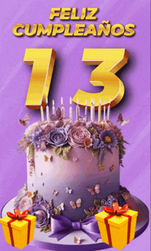 a birthday cake with flowers and butterflies and the number 13 on top