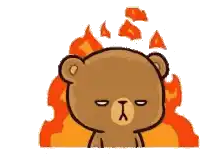 a brown teddy bear is standing in front of a fire with a flame coming out of its head .