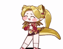 a cartoon character is dancing with her arms outstretched while wearing a red shirt and shorts .