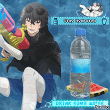 a picture of a boy holding a water gun next to a bottle of water and a watermelon slice