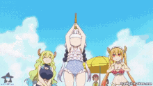 a group of anime girls in bikinis are standing on a beach holding umbrellas .
