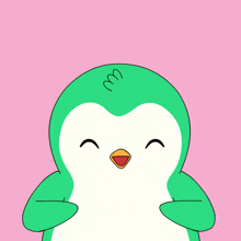 a green and white penguin with a red beak is smiling