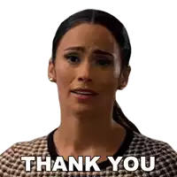 a woman is saying thank you with a serious look on her face