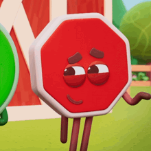 a stop sign with arms and legs and a sad look on its face