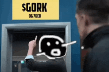 a man is pointing at a sign that says gork