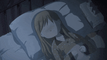 a cartoon of a girl sleeping in a bed with a pillow
