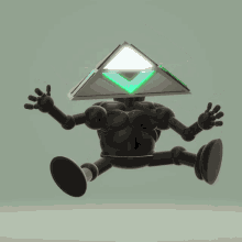 a cartoon character with a triangle on his head is jumping in the air