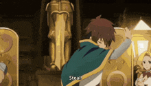 a man in a cape is standing in front of a statue and saying steal