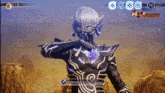 a screenshot of a video game shows a character with a purple and black costume