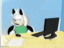 a cartoon character is sitting at a desk with a computer and mouse .