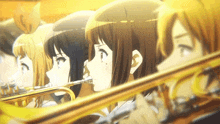 a group of anime girls are playing trumpets together