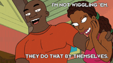 a cartoon of a man and a woman with the caption i 'm not wiggling 'em they do that by themselves