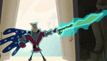 a cartoon character holding a sword with a blue flame coming out of it