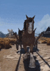 a horse pulling a cart on a dirt road with mountains in the background